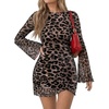 image:imageAcelitt Womens Leopard Print Mesh Bodycon Mini Dress Flare Bell Long Sleeve Sexy Club Night Out Cocktail Party Short DressesParchment