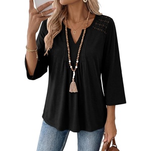 image:imageAcelitt 34 Length Sleeve Womens Tops Boho V Neck Lace Shirt Trendy Blouses Dressy Casual Vacation ClothesBlack