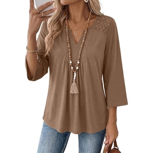 image:imageAcelitt 34 Length Sleeve Womens Tops Boho V Neck Lace Shirt Trendy Blouses Dressy Casual Vacation ClothesSimply Taupe