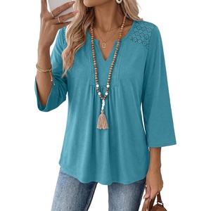 image:imageAcelitt 34 Length Sleeve Womens Tops Boho V Neck Lace Shirt Trendy Blouses Dressy Casual Vacation ClothesTurquoise