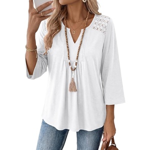 image:imageAcelitt 34 Length Sleeve Womens Tops Boho V Neck Lace Shirt Trendy Blouses Dressy Casual Vacation ClothesWhite
