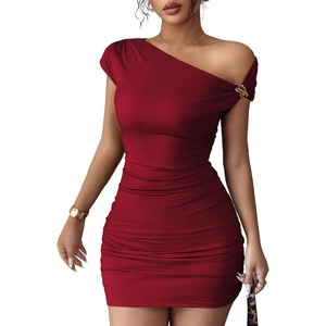 image:imageAcelitt Summer Off the Shoulder Dresses for Women 2026 Short Sleeve Ruched Bodycon Cocktail Party Knit Mini DressRed
