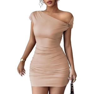 image:imageAcelitt Summer Off the Shoulder Dresses for Women 2026 Short Sleeve Ruched Bodycon Cocktail Party Knit Mini DressZapricot