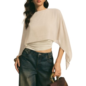 image:imageAcelitt Womens Chiffon Cape Blouse Asymmetrical Flowy Batwing Sleeve Crop Top Dressy Sheer Shawl ShirtBeige