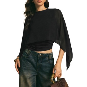 image:imageAcelitt Womens Chiffon Cape Blouse Asymmetrical Flowy Batwing Sleeve Crop Top Dressy Sheer Shawl ShirtBlack