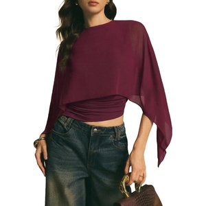 image:imageAcelitt Womens Chiffon Cape Blouse Asymmetrical Flowy Batwing Sleeve Crop Top Dressy Sheer Shawl ShirtBurgundy
