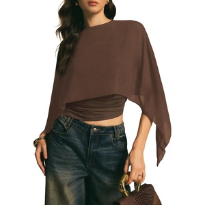 image:imageAcelitt Womens Chiffon Cape Blouse Asymmetrical Flowy Batwing Sleeve Crop Top Dressy Sheer Shawl ShirtDark Brown