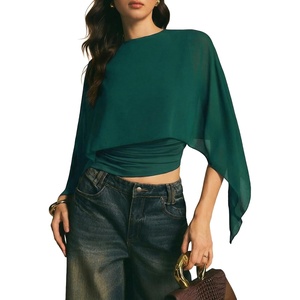 image:imageAcelitt Womens Chiffon Cape Blouse Asymmetrical Flowy Batwing Sleeve Crop Top Dressy Sheer Shawl ShirtSea Green