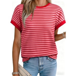 image:imageAcelitt Womens Short Sleeve Knit Tops 2026 Trendy Crewneck Striped T Shirts Casual Summer Blouses OutfitsRacing Red
