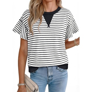 image:imageAcelitt Womens Short Sleeve Knit Tops 2026 Trendy Crewneck Striped T Shirts Casual Summer Blouses OutfitsV Black