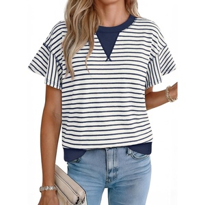 image:imageAcelitt Womens Short Sleeve Knit Tops 2026 Trendy Crewneck Striped T Shirts Casual Summer Blouses OutfitsV Blue