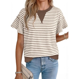 image:imageAcelitt Womens Short Sleeve Knit Tops 2026 Trendy Crewneck Striped T Shirts Casual Summer Blouses OutfitsV Brown