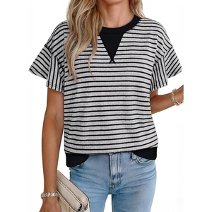 image:imageAcelitt Womens Short Sleeve Knit Tops 2026 Trendy Crewneck Striped T Shirts Casual Summer Blouses OutfitsV Gray