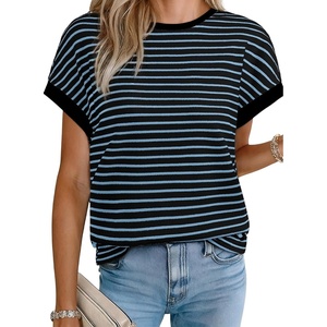 image:imageAcelitt Womens Short Sleeve Knit Tops 2026 Trendy Crewneck Striped T Shirts Casual Summer Blouses OutfitsZblack and Blue Striped