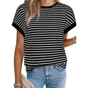 image:imageAcelitt Womens Short Sleeve Knit Tops 2026 Trendy Crewneck Striped T Shirts Casual Summer Blouses OutfitsZblack and White Striped