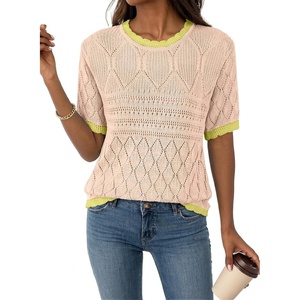 image:imageAcelitt Womens Summer Short Sleeve Knit Tops 2026 Spring Trendy Casual Crew Neck Color Block Sweater BlousesApricot Pink
