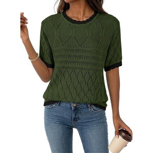 image:imageAcelitt Womens Summer Short Sleeve Knit Tops 2026 Spring Trendy Casual Crew Neck Color Block Sweater BlousesFern Green