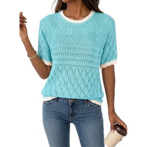 image:imageAcelitt Womens Summer Short Sleeve Knit Tops 2026 Spring Trendy Casual Crew Neck Color Block Sweater BlousesLight Blue