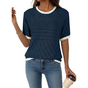 image:imageAcelitt Womens Summer Short Sleeve Knit Tops 2026 Spring Trendy Casual Crew Neck Color Block Sweater BlousesNavy Blue