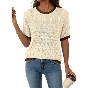 image:imageAcelitt Womens Summer Short Sleeve Knit Tops 2026 Spring Trendy Casual Crew Neck Color Block Sweater BlousesParchment