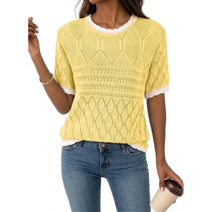 image:imageAcelitt Womens Summer Short Sleeve Knit Tops 2026 Spring Trendy Casual Crew Neck Color Block Sweater BlousesYellow Cream
